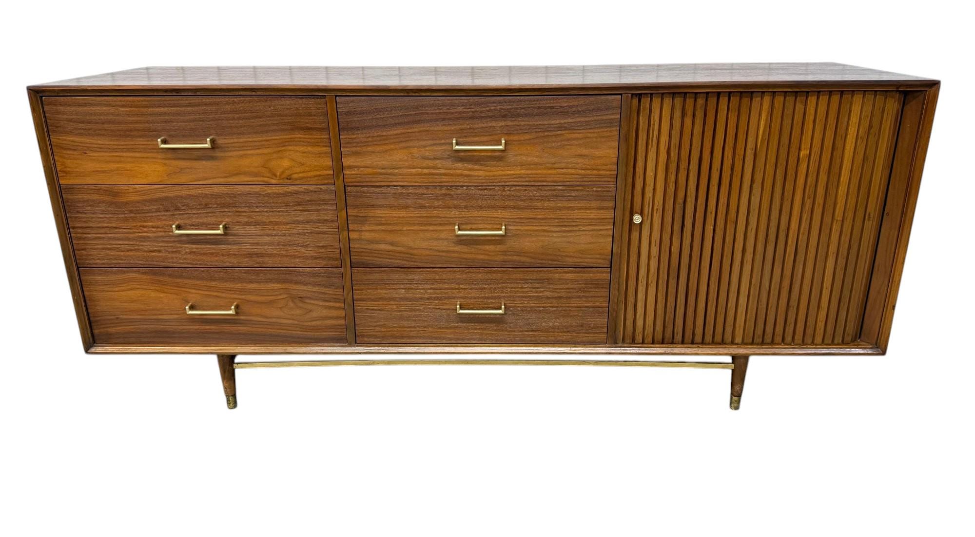 Mid-Century Modern 9-Drawer Walnut Tambour Dresser