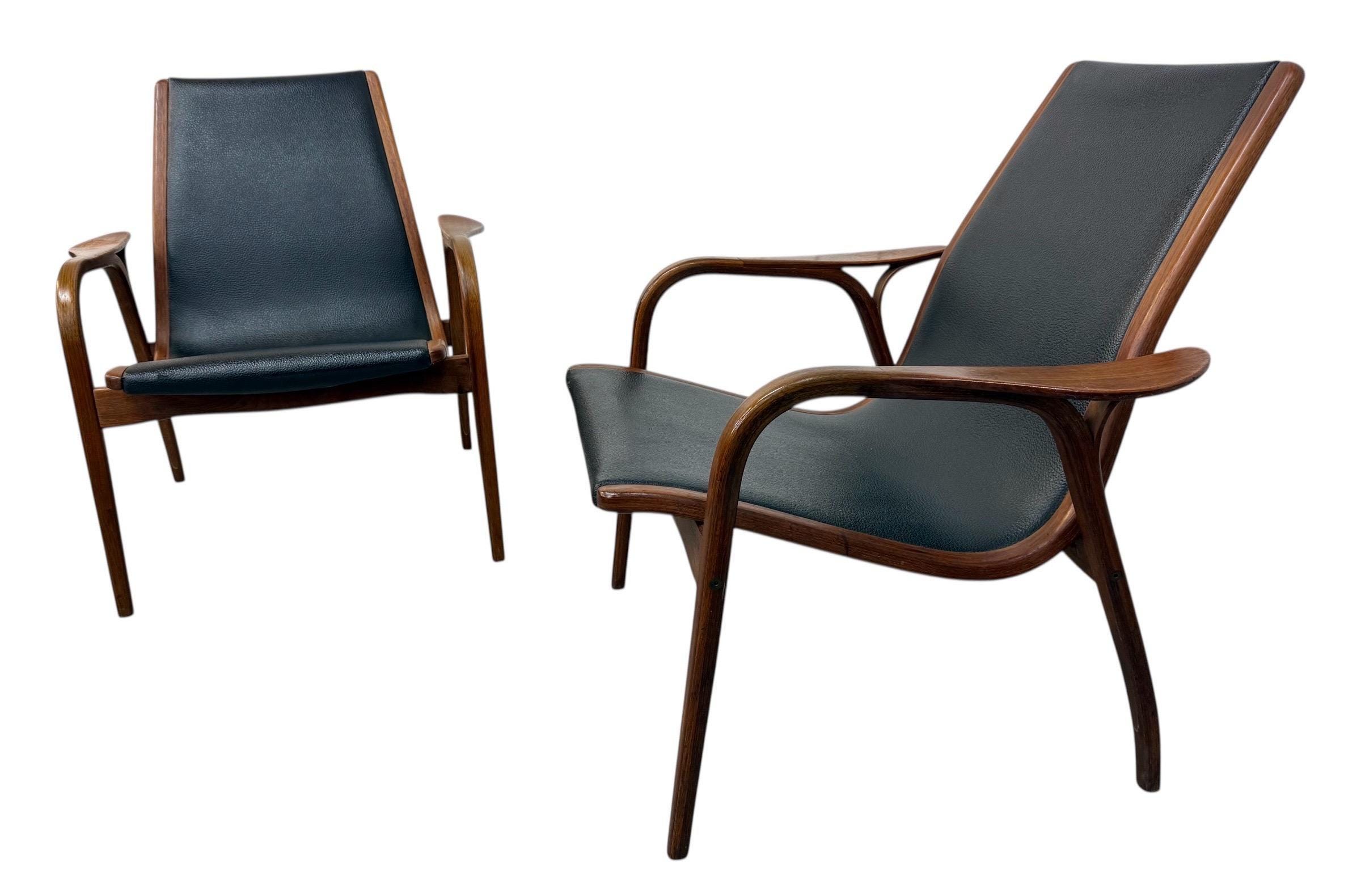 Mid-Century Swedish Modern Lamino Walnut Lounge Chairs – Set of 2