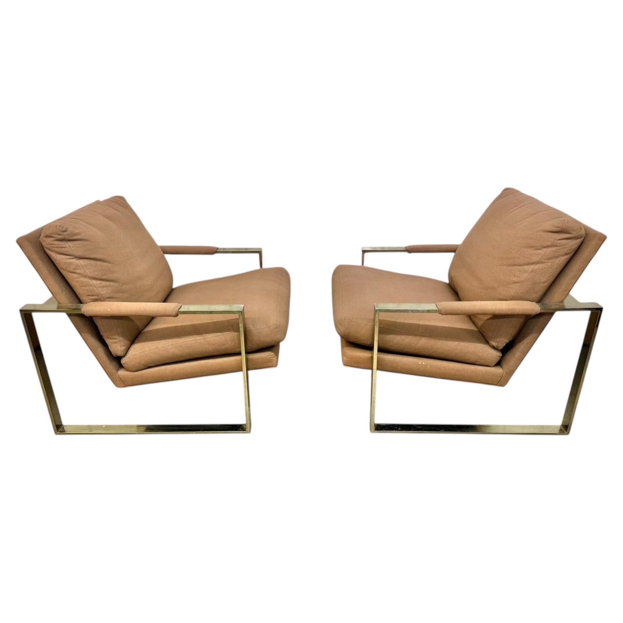 Vintage Thayer Coggin Flat Bar Brass Arm Chairs - Set of 2
