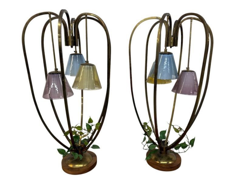 Mid-Century Modern Walnut & Brass Cage Lamps – Set of 2 – WORKING!