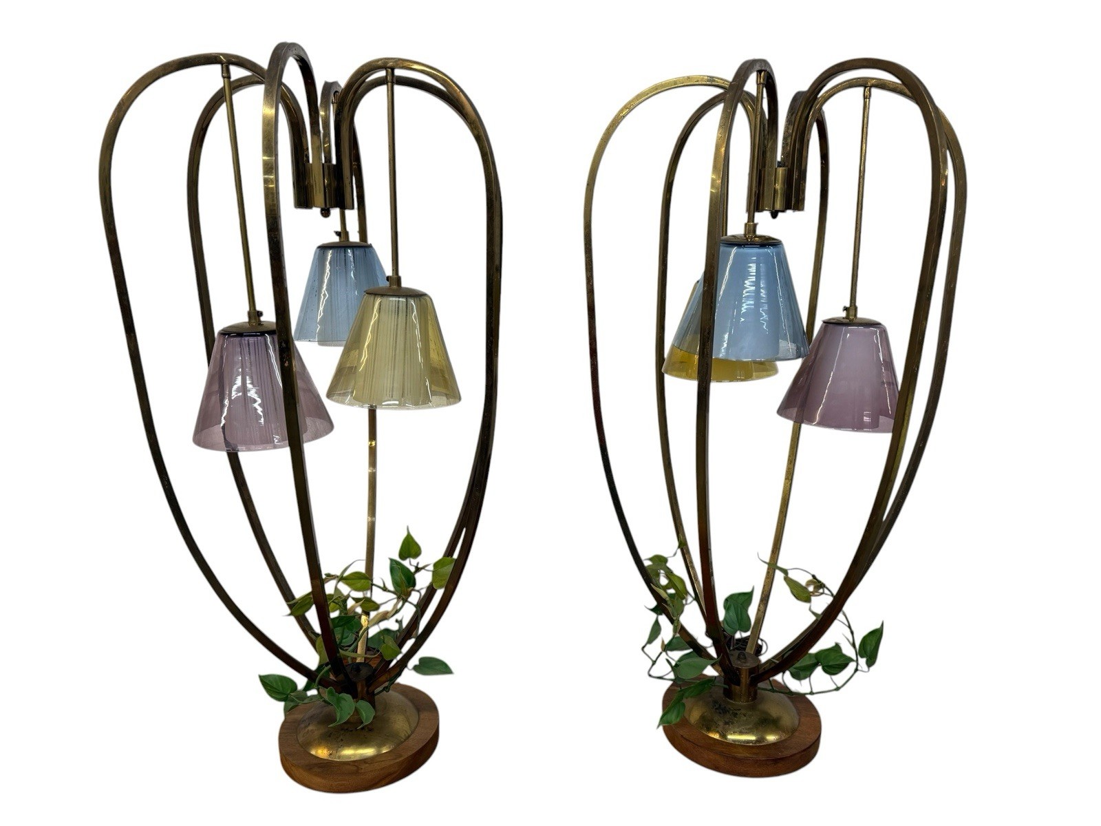 Walnut and brass cage lamps, set of two — F0221