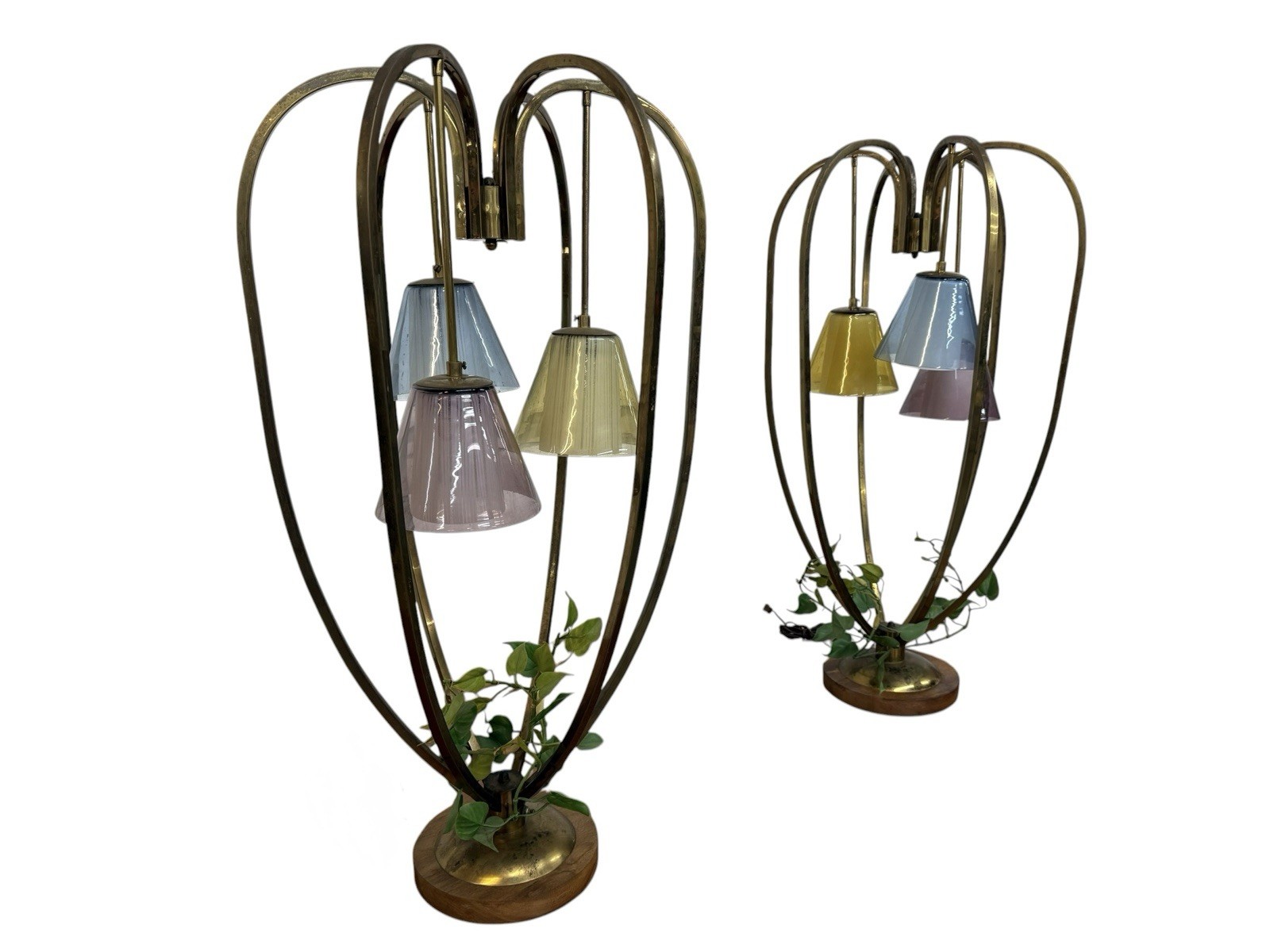 Walnut and brass cage lamps, set of two — F0221