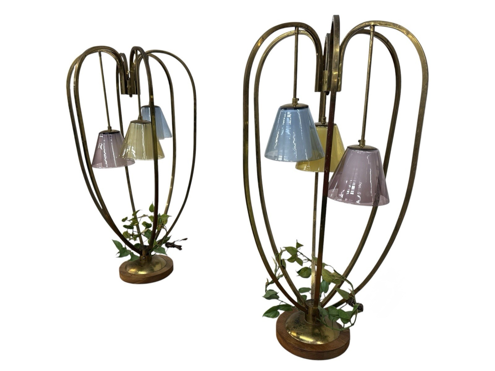 Walnut and brass cage lamps, set of two — F0221