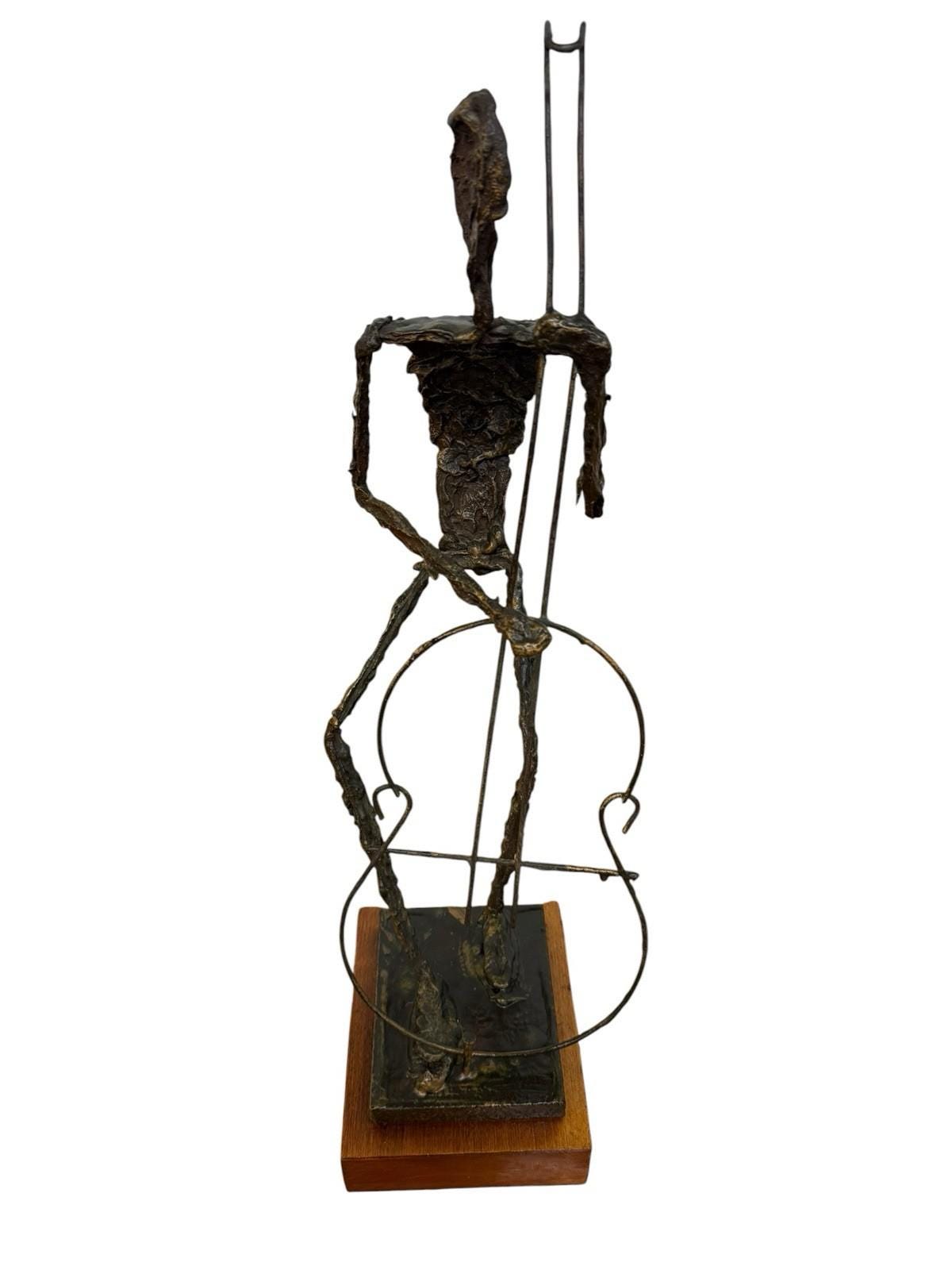 Mid-Century Brutalist Musician Figurine Sculpture on Wood Pedestal 24” H