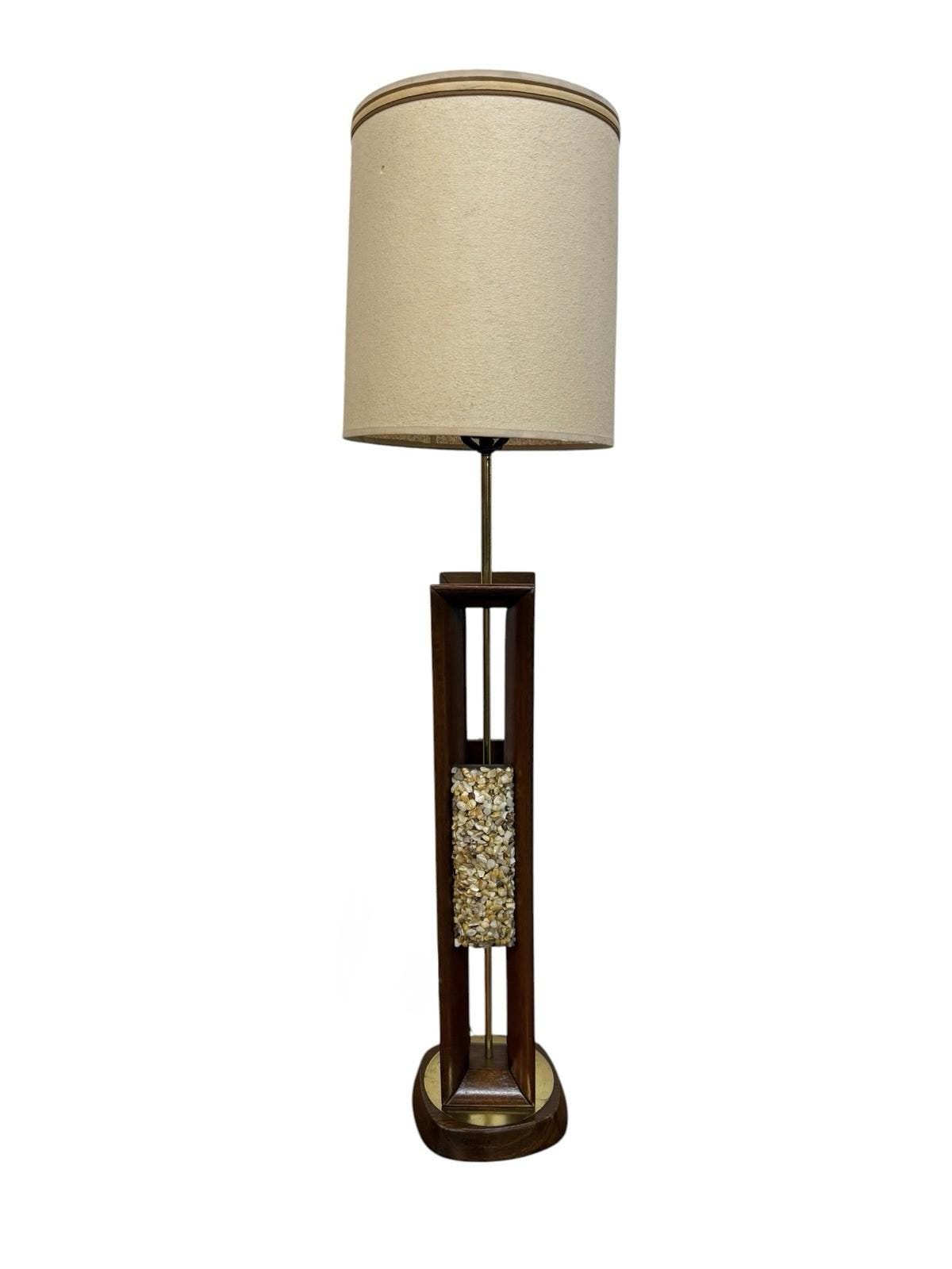 Mid-Century Modern Walnut Brass Sea Shell Table Lamp W/Original Drum Shade