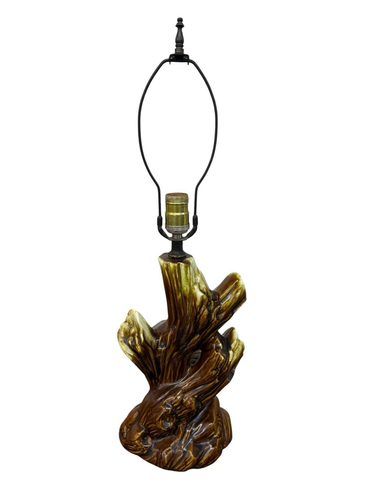 Vintage MCM Ceramic Driftwood Yellow Brown Drip Glaze Tree Branch Table Lamp