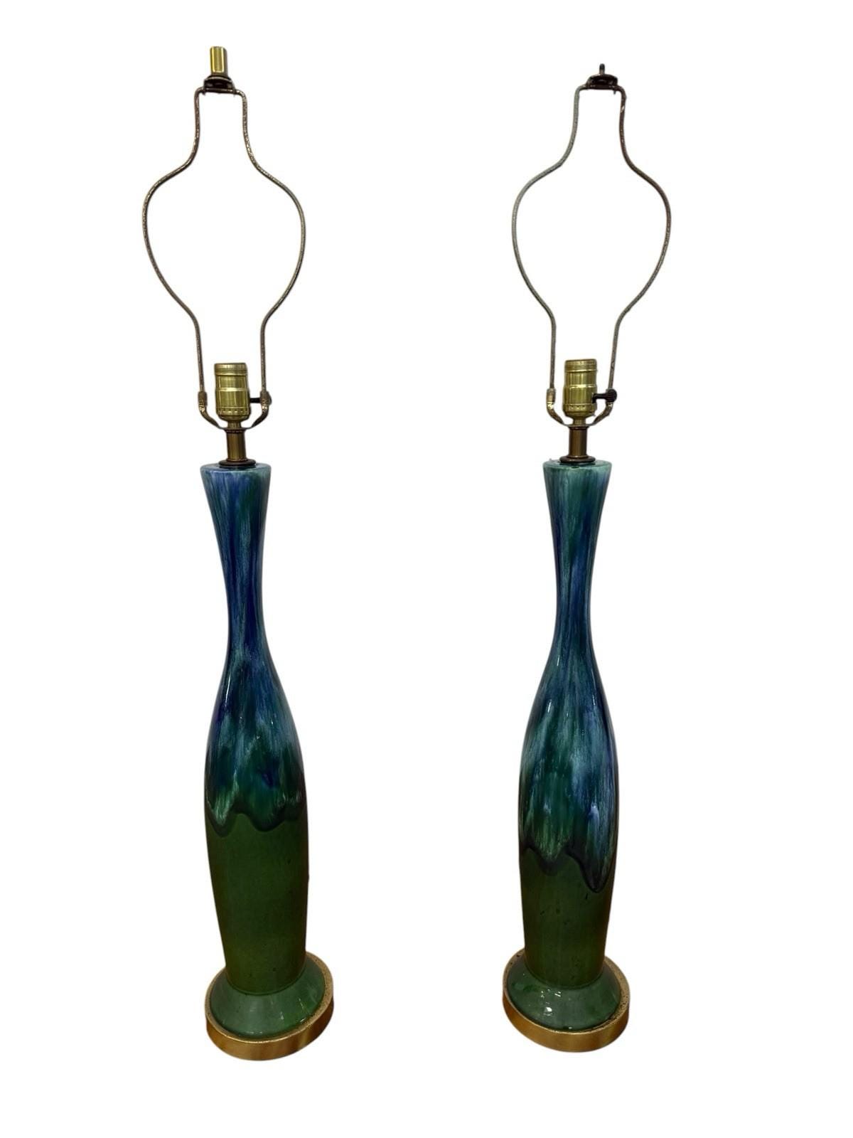 Mid-Century Modern Royal Haeger Green Drip Glaze Lamps – Set of 2 – WORKING!
