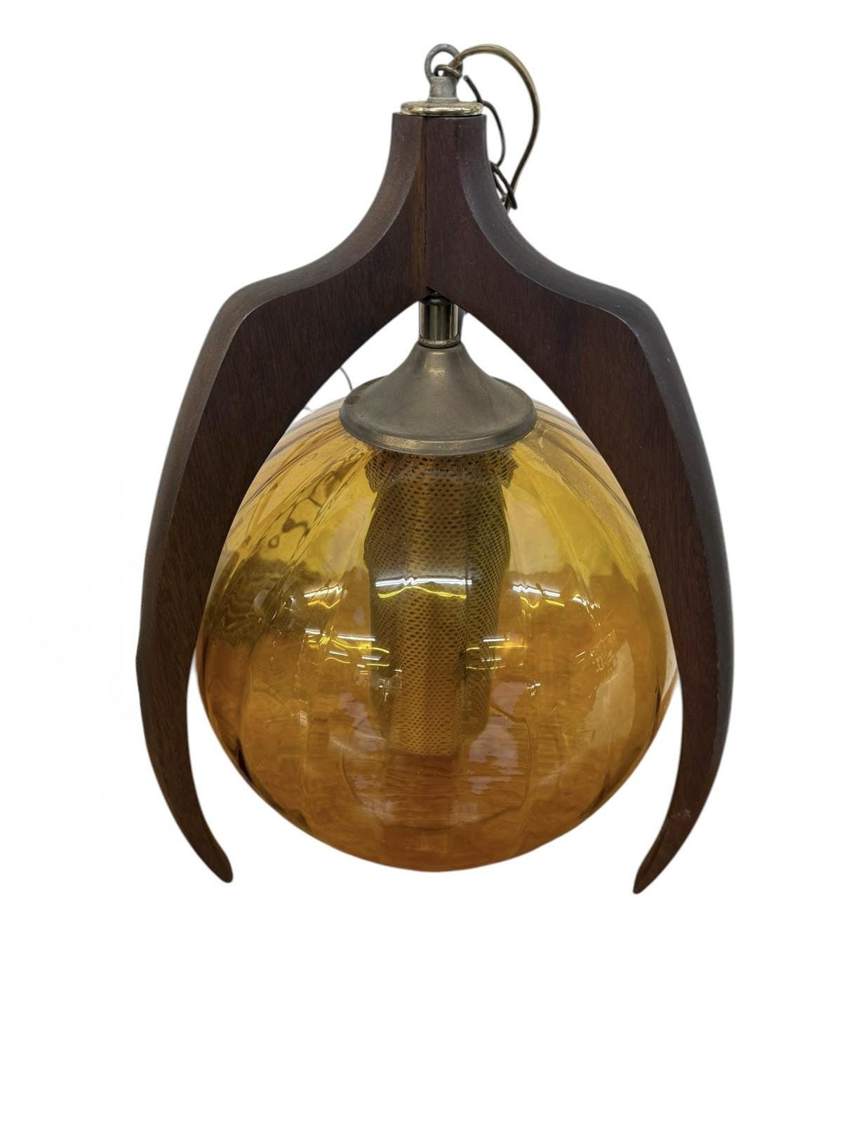 Mid-Century Modern 1960’s Pearsall Style Walnut & Amber Glass Swag Light