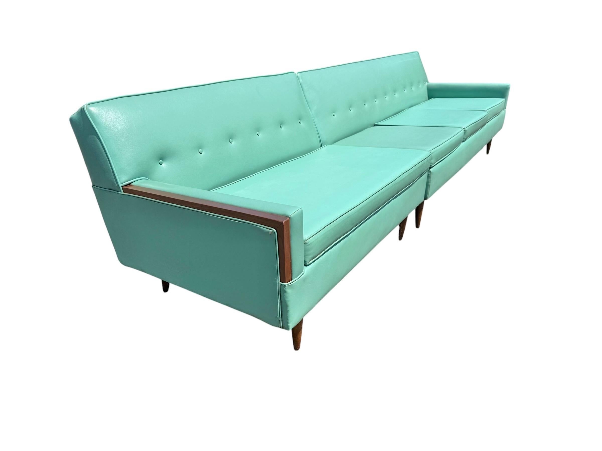 Mid-Century Modern Turquoise & Walnut 2-Piece Sectional Sofa - Image 2