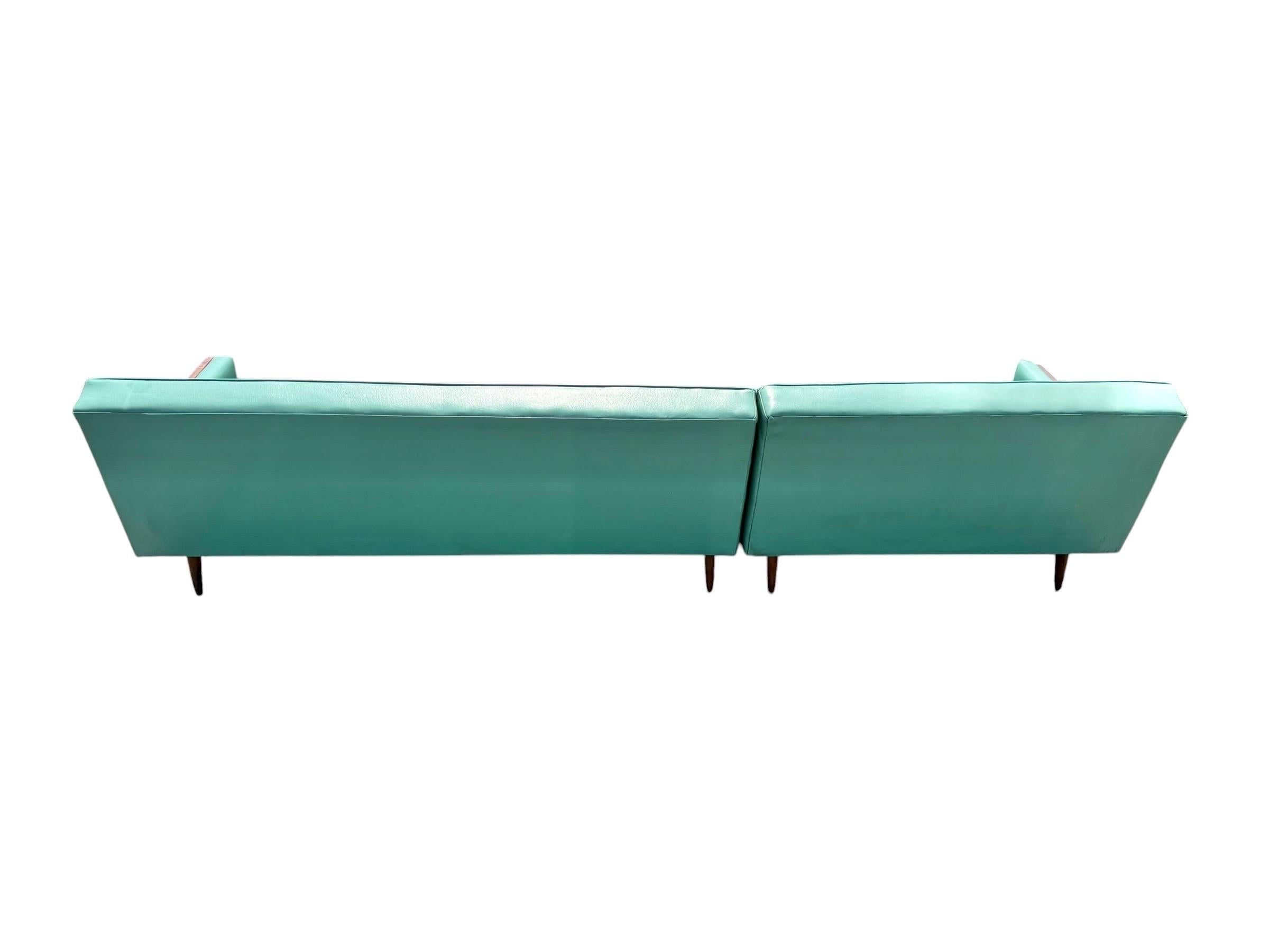 Mid-Century Modern Turquoise & Walnut 2-Piece Sectional Sofa - Image 8