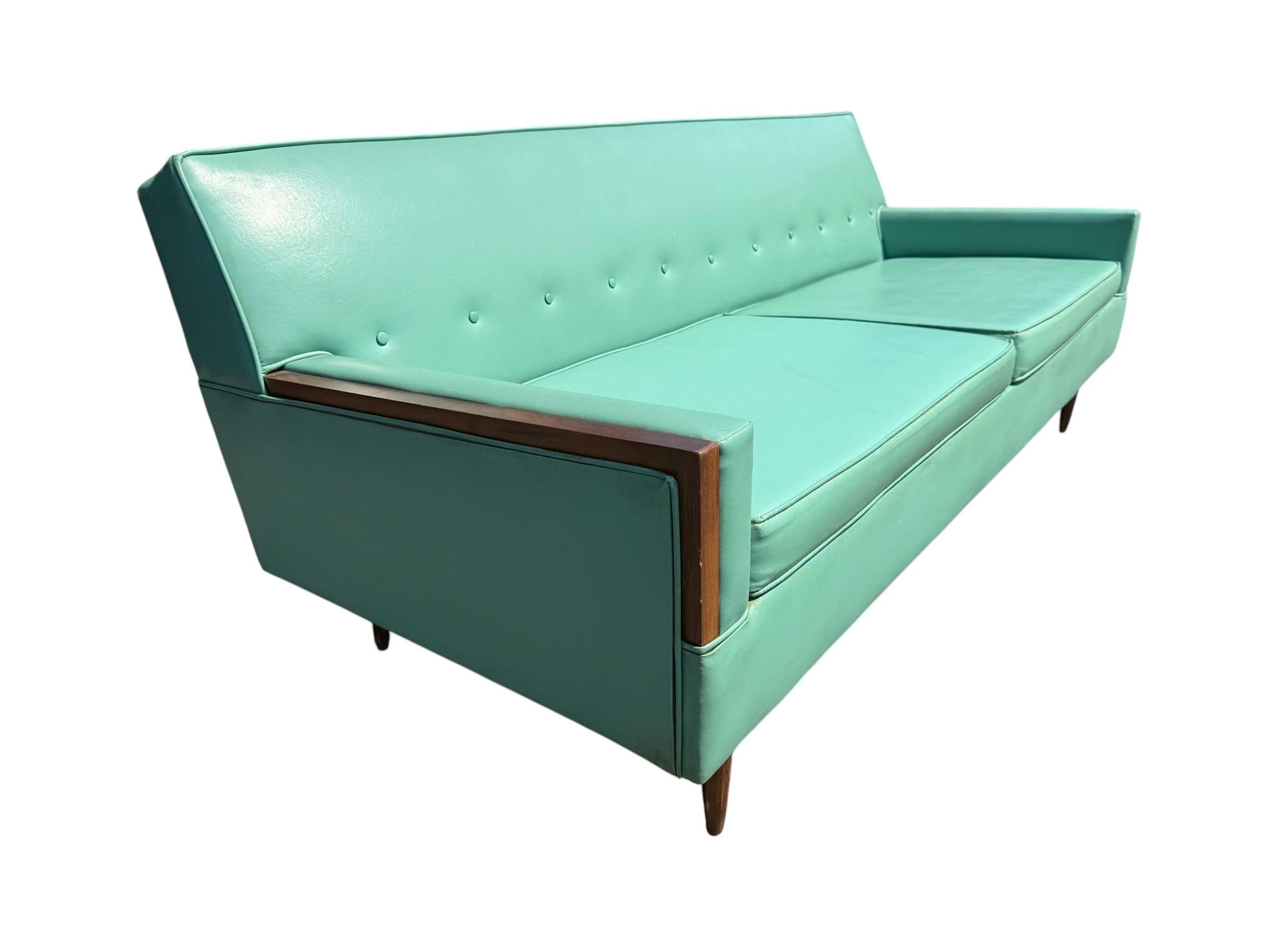 Mid-Century Modern Turquoise & Walnut Love Seat - Image 2