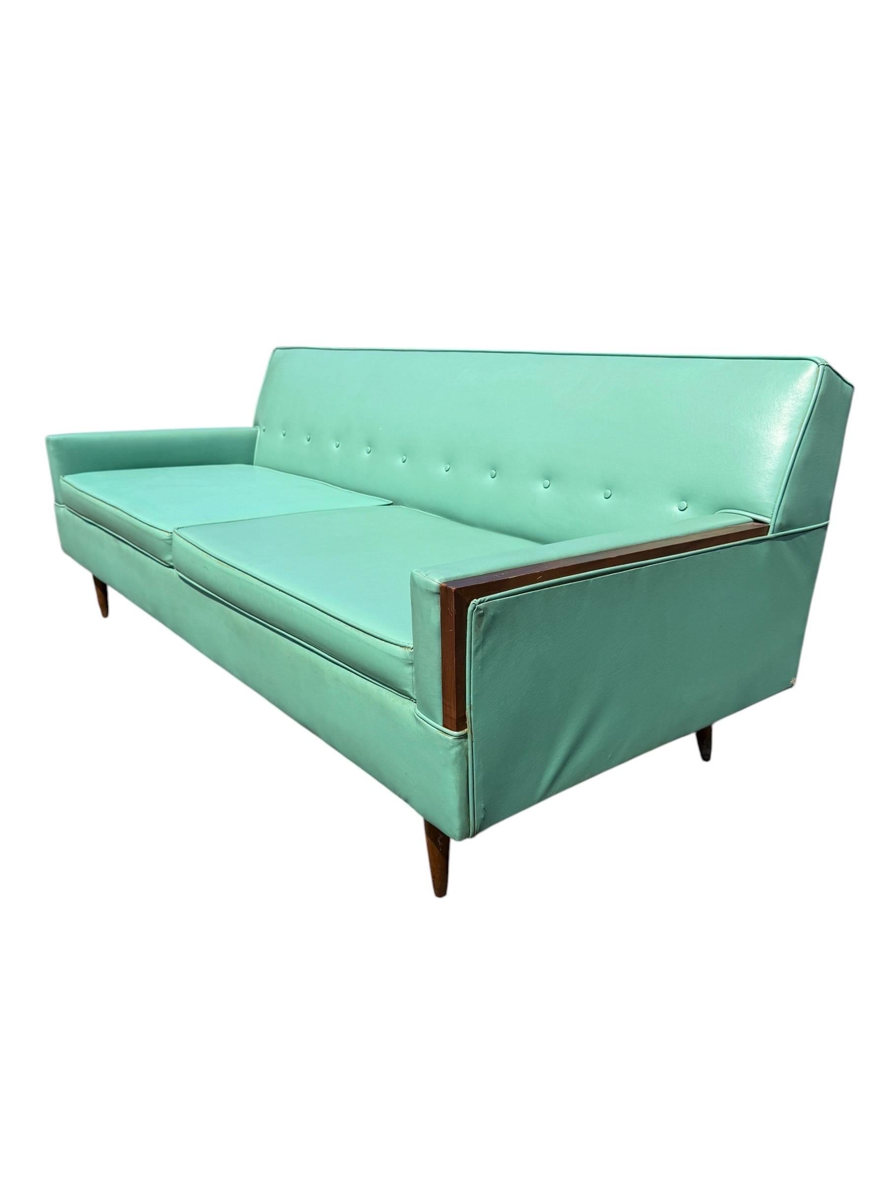Mid-Century Modern Turquoise & Walnut Love Seat - Image 3
