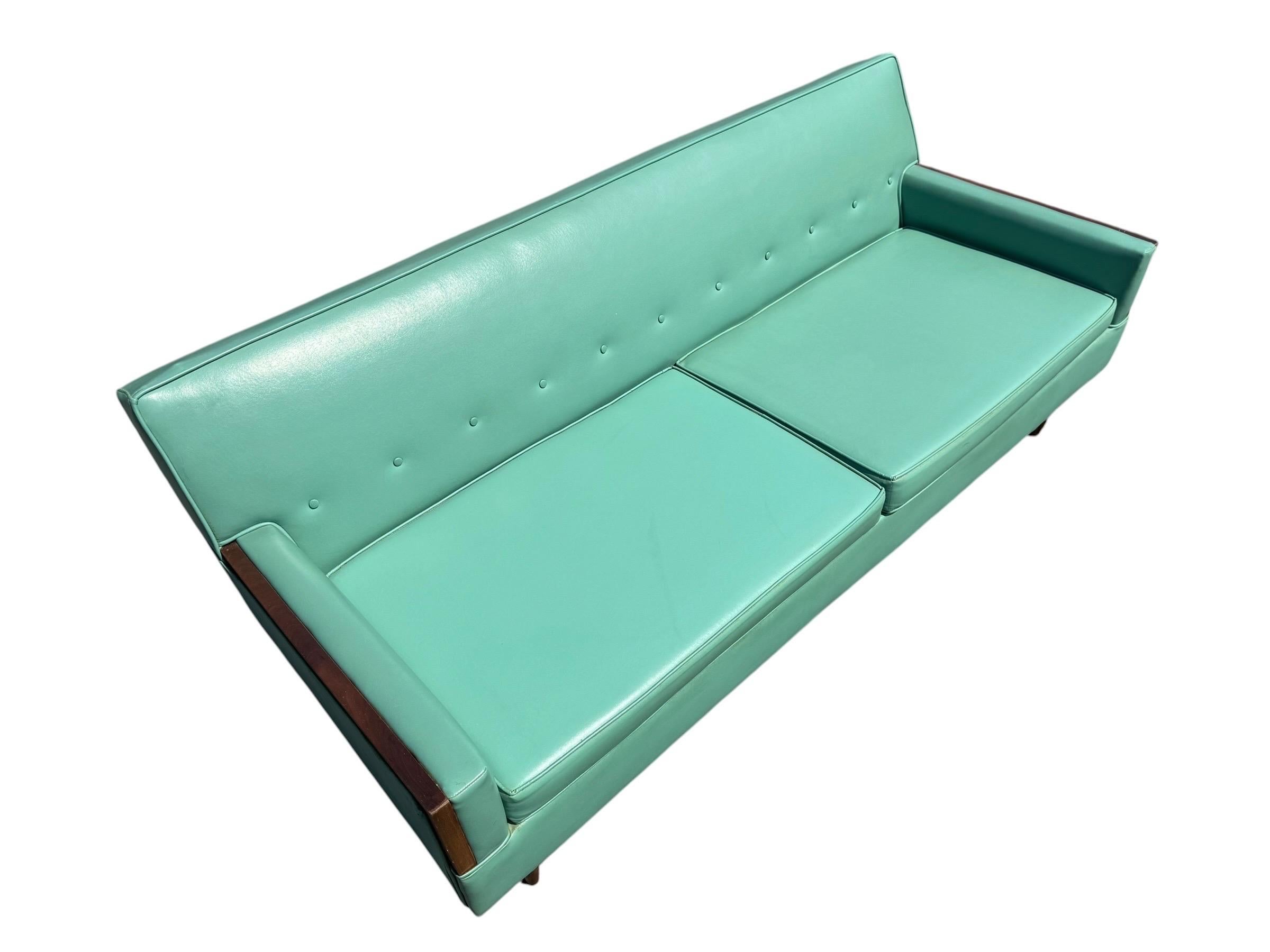 Mid-Century Modern Turquoise & Walnut Love Seat - Image 4