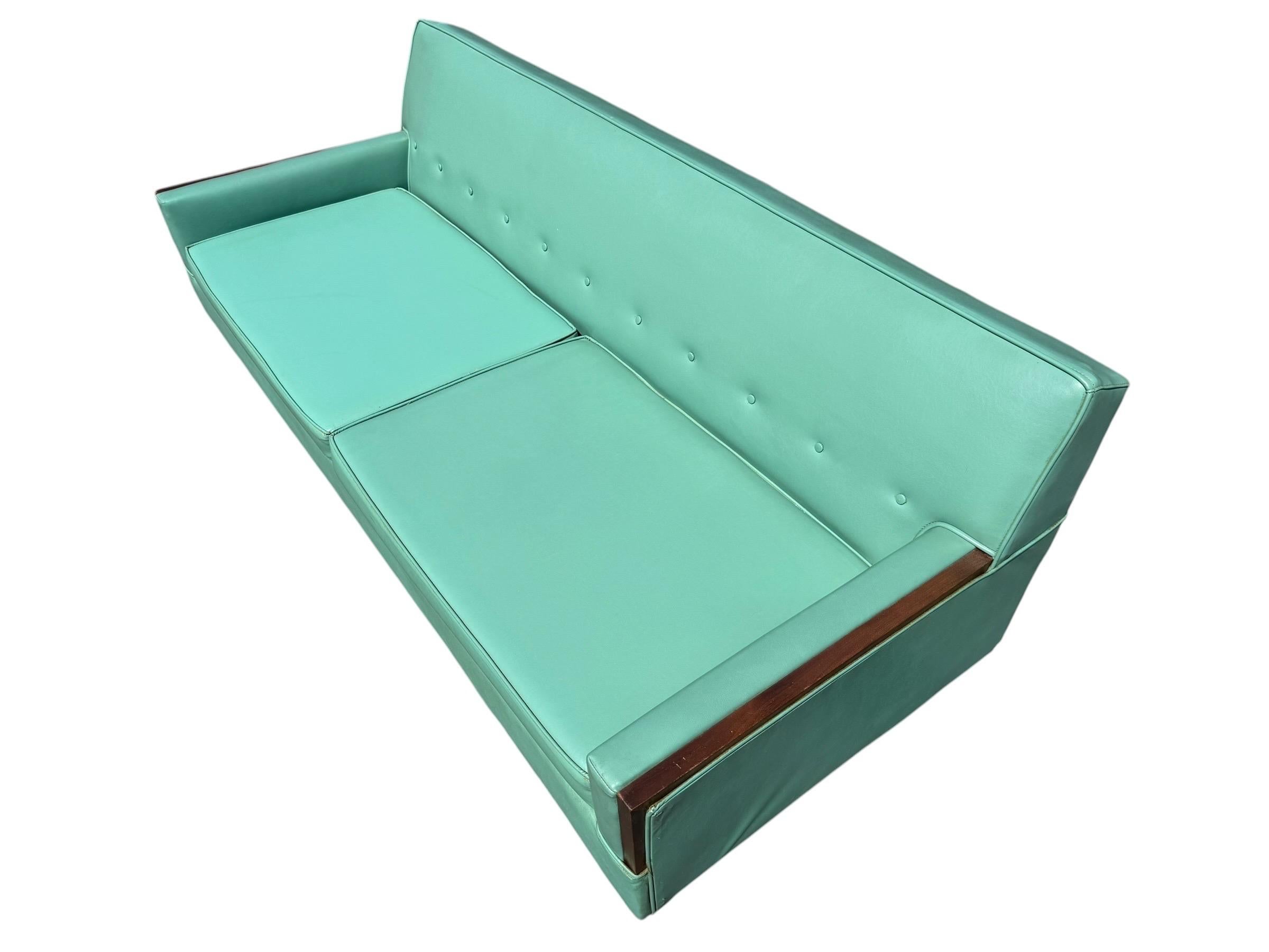 Mid-Century Modern Turquoise & Walnut Love Seat - Image 5