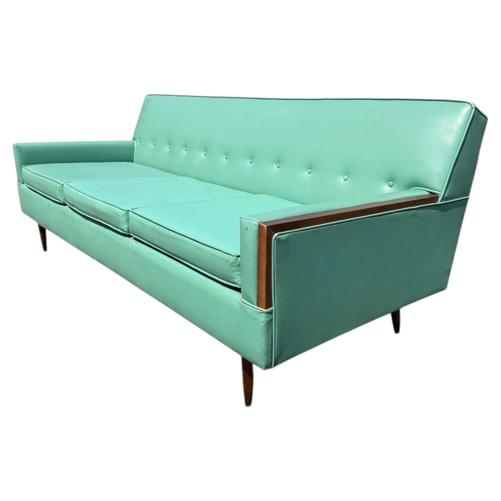 Mid-Century Modern Turquoise & Walnut Sofa