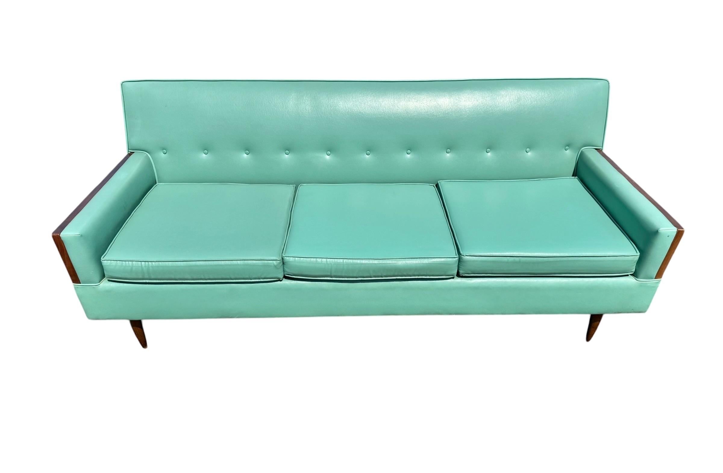 Mid-Century Modern Turquoise & Walnut Sofa - Image 4