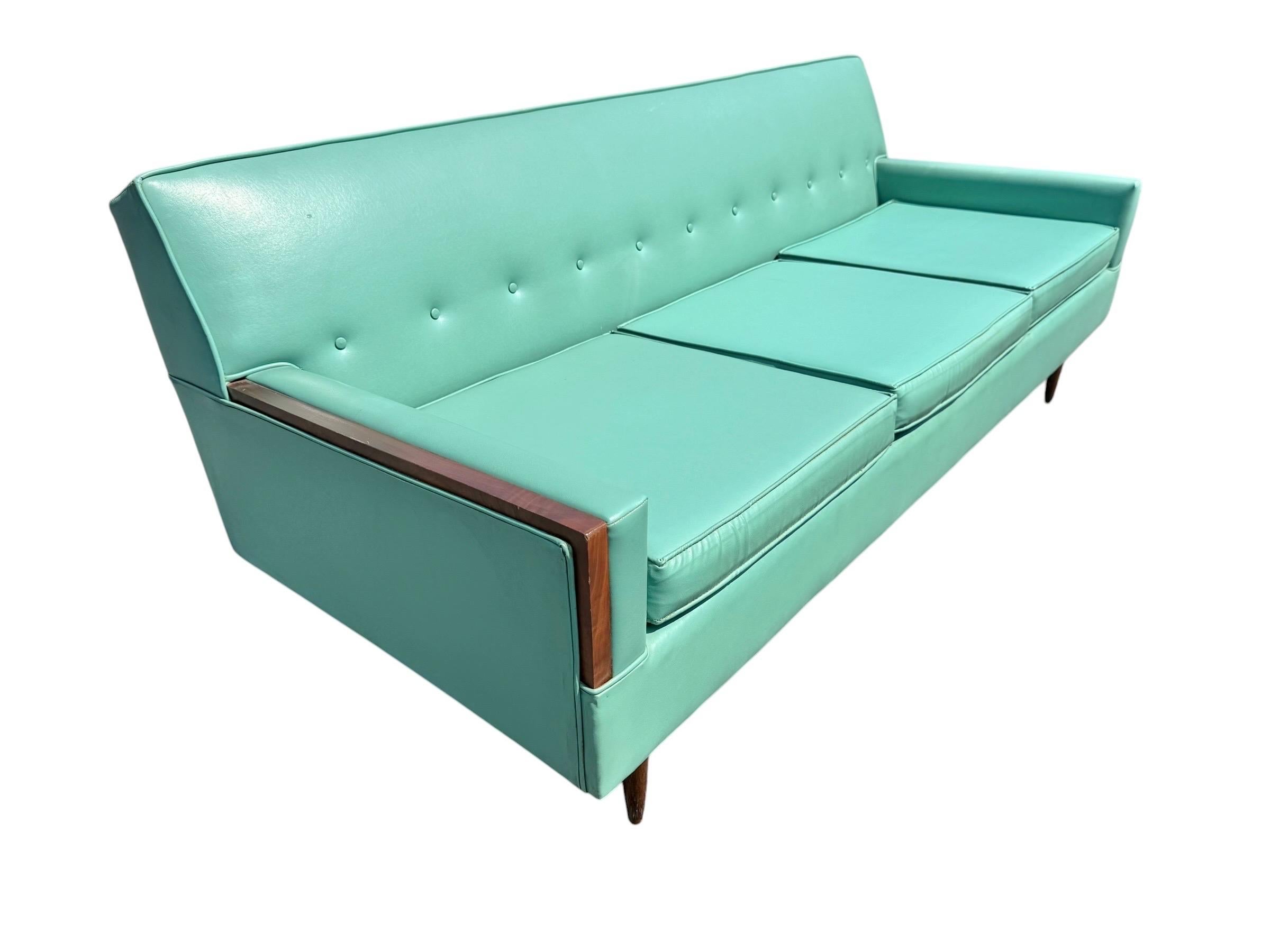 Mid-Century Modern Turquoise & Walnut Sofa - Image 5