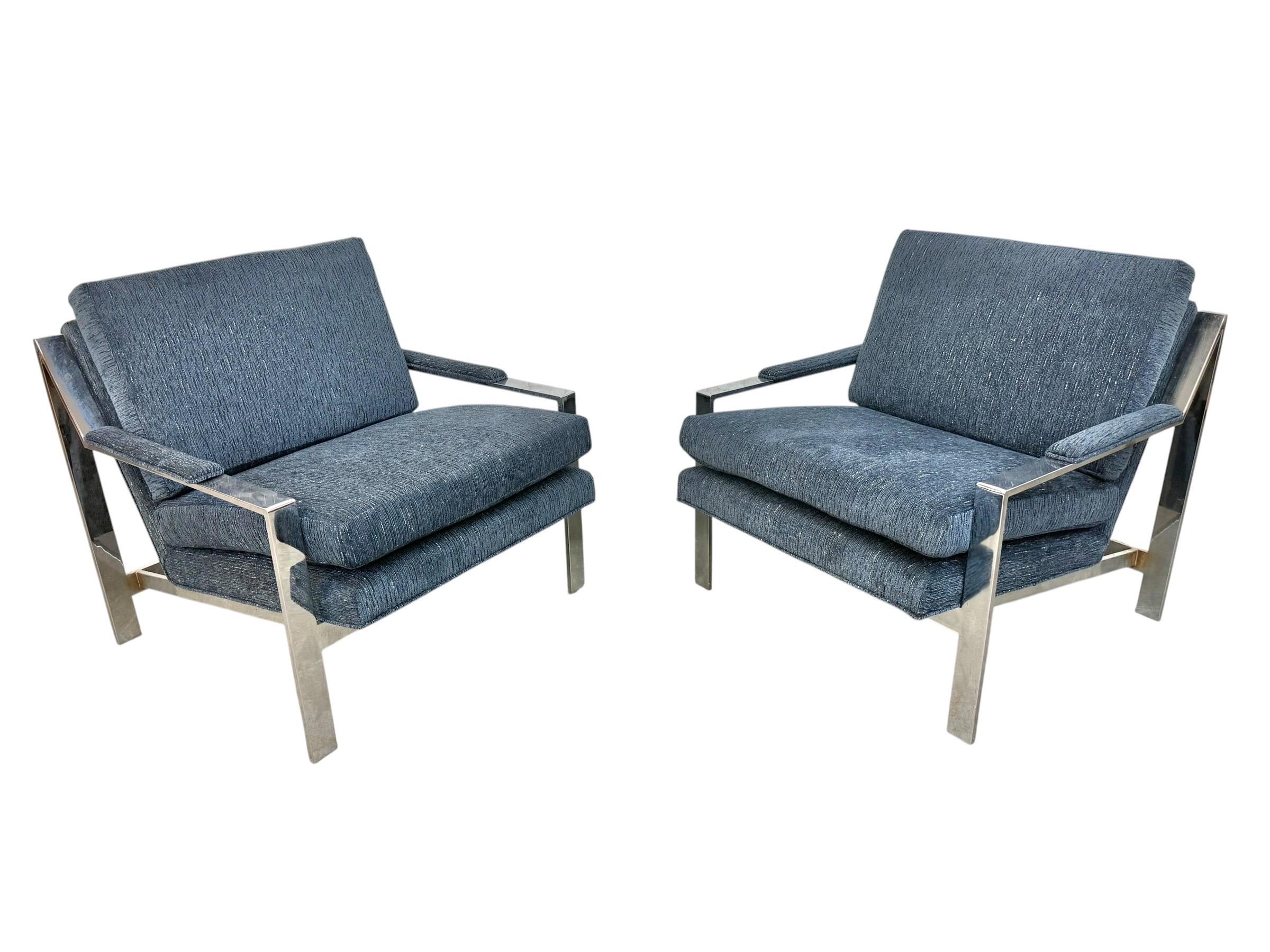 Vintage Milo Baughman Style Flat Bar Chrome Arm Chairs - Set of 2