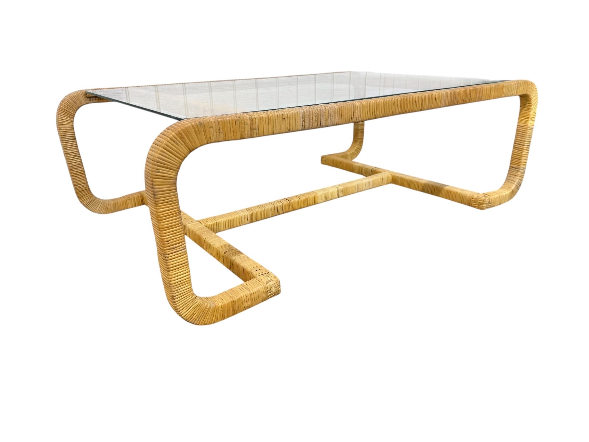 Mid-Century Modern Rattan Wrapped Glass Top Coffee Table - Image 2