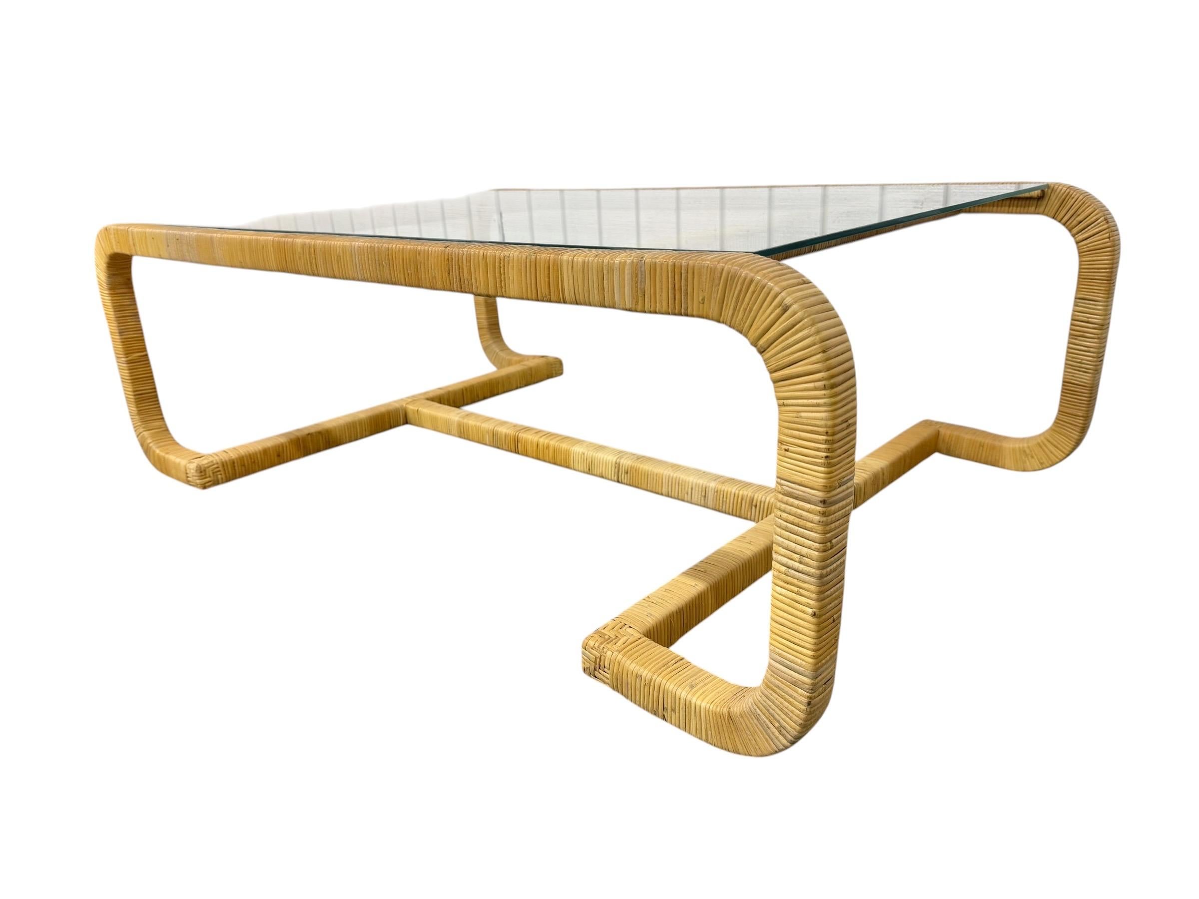 Mid-Century Modern Rattan Wrapped Glass Top Coffee Table - Image 3