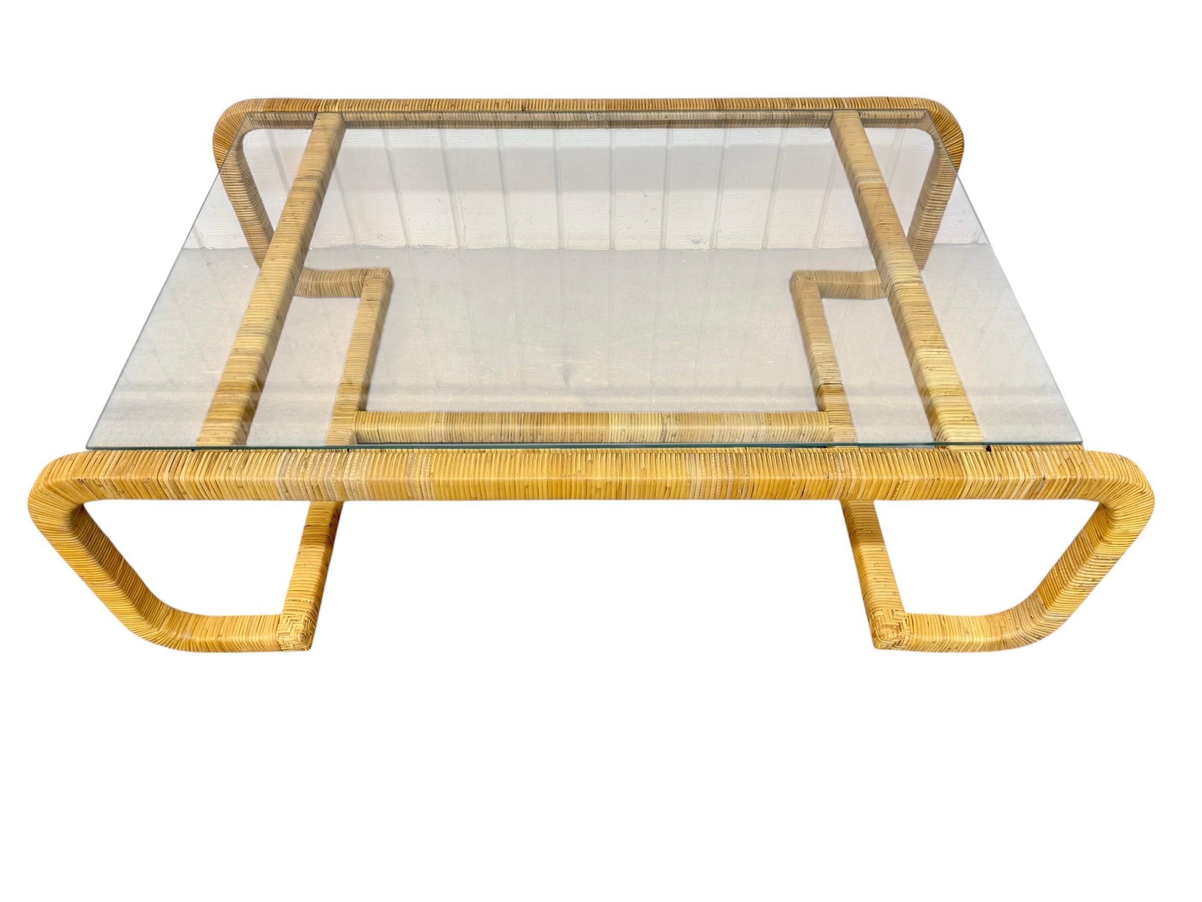 Mid-Century Modern Rattan Wrapped Glass Top Coffee Table - Image 4