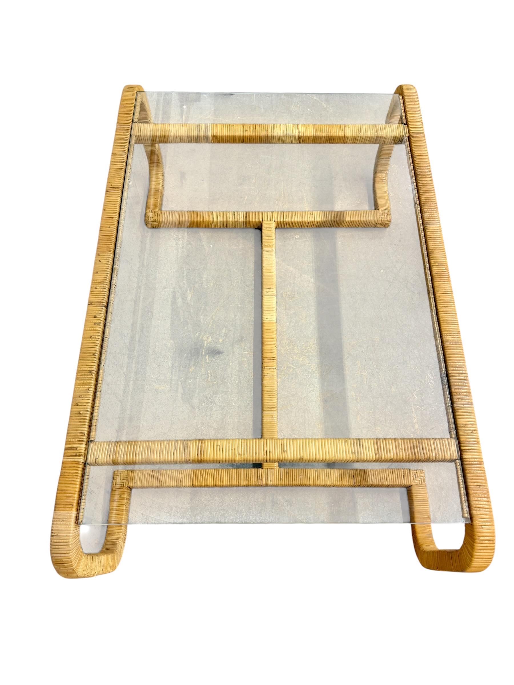 Mid-Century Modern Rattan Wrapped Glass Top Coffee Table - Image 5