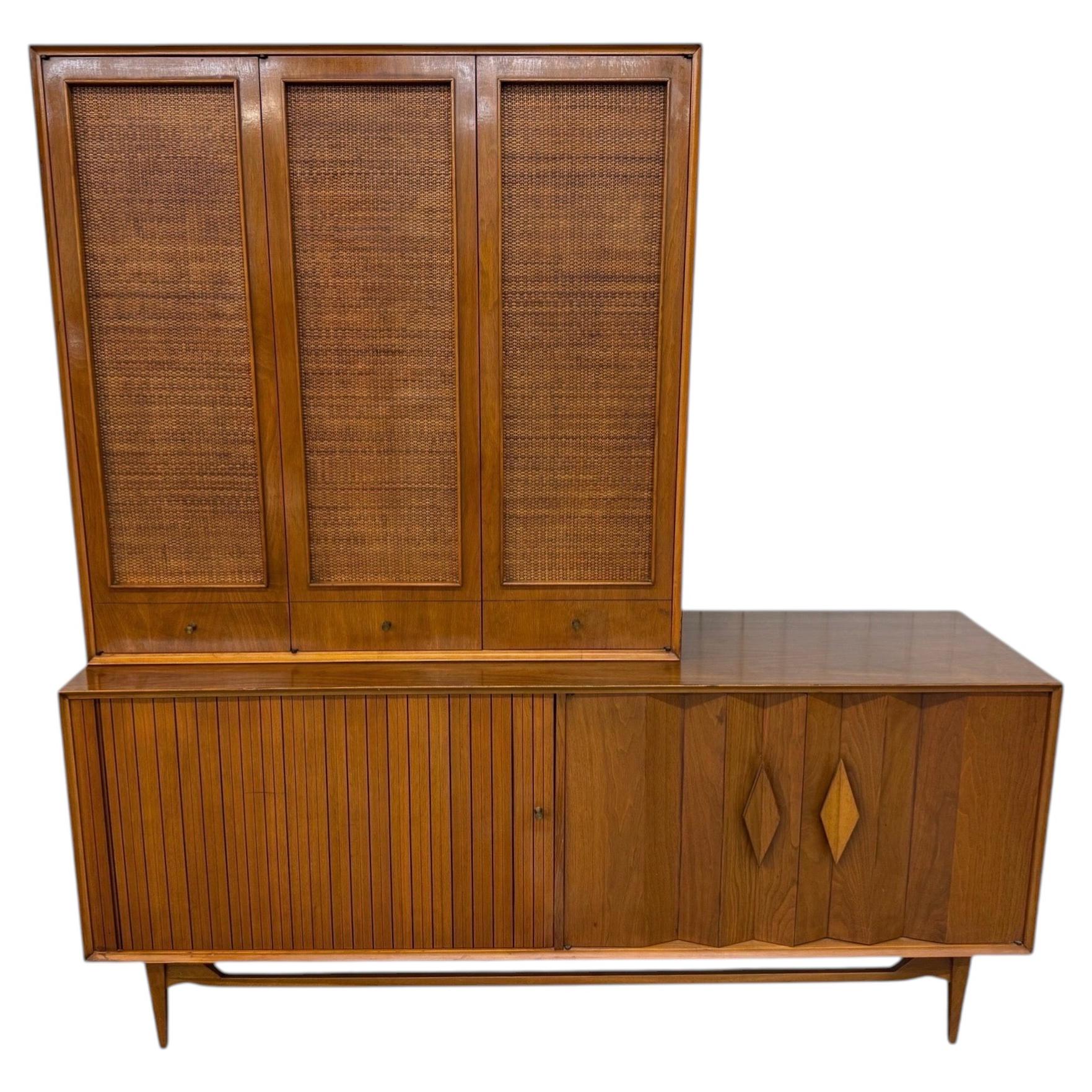 Mid-Century Modern Walnut & Cane 2-Piece Tambour Hutch