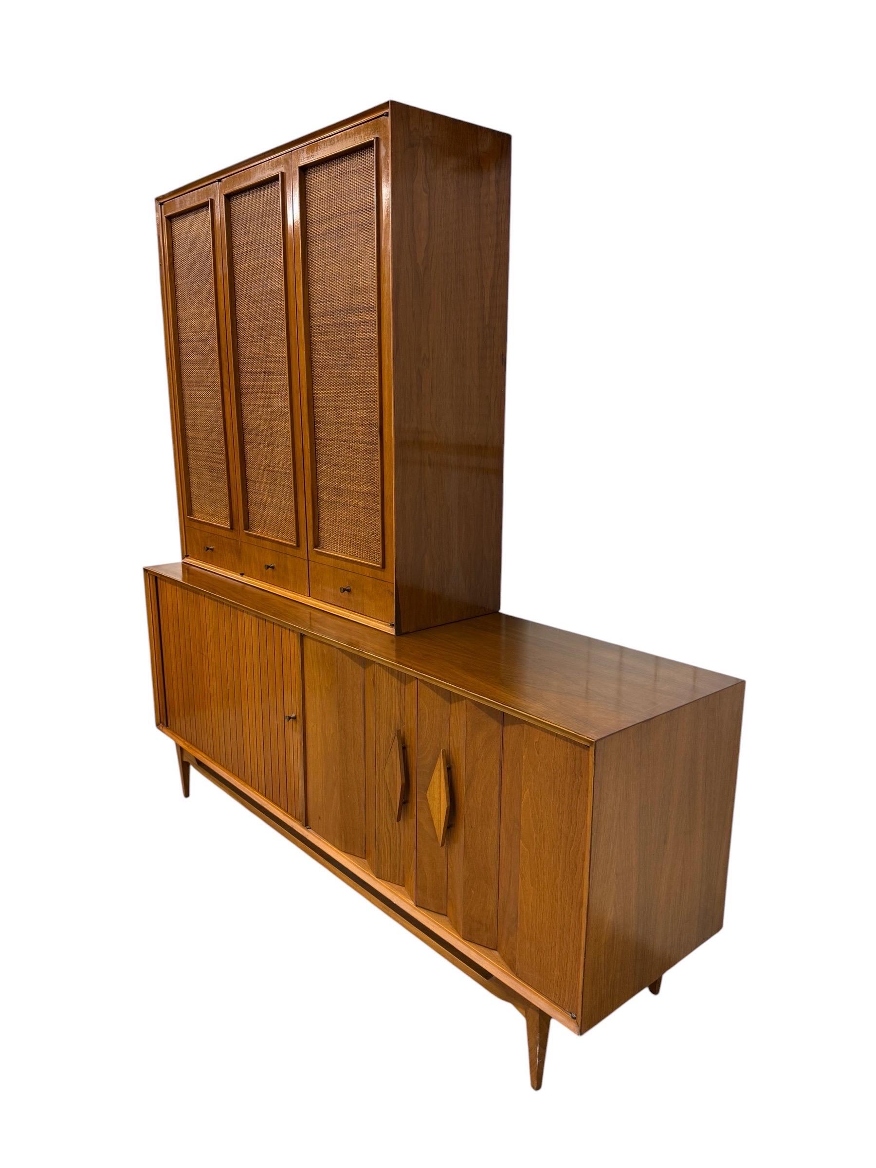 Mid-Century Modern Walnut & Cane 2-Piece Tambour Hutch - Image 3