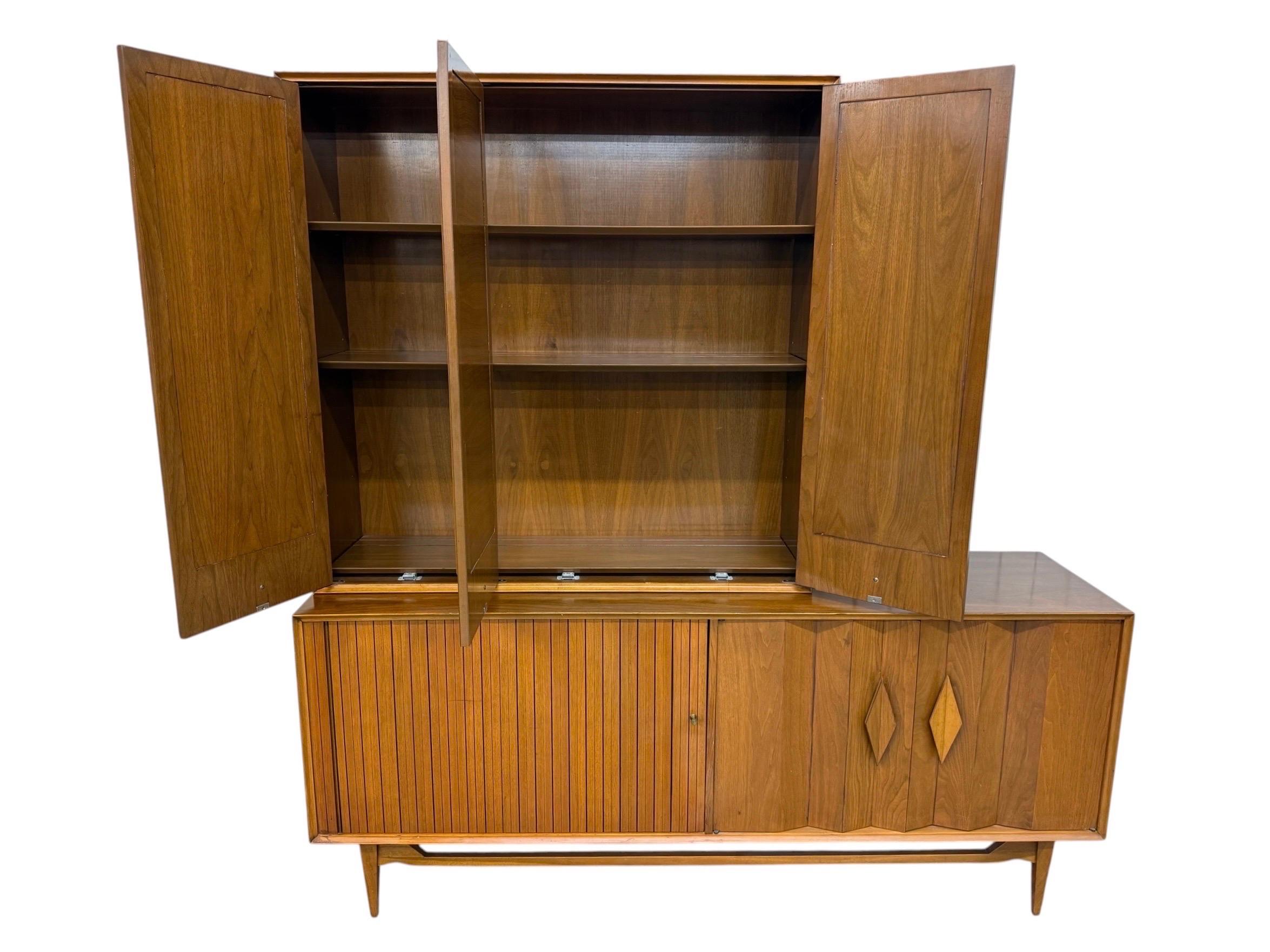 Mid-Century Modern Walnut & Cane 2-Piece Tambour Hutch - Image 4