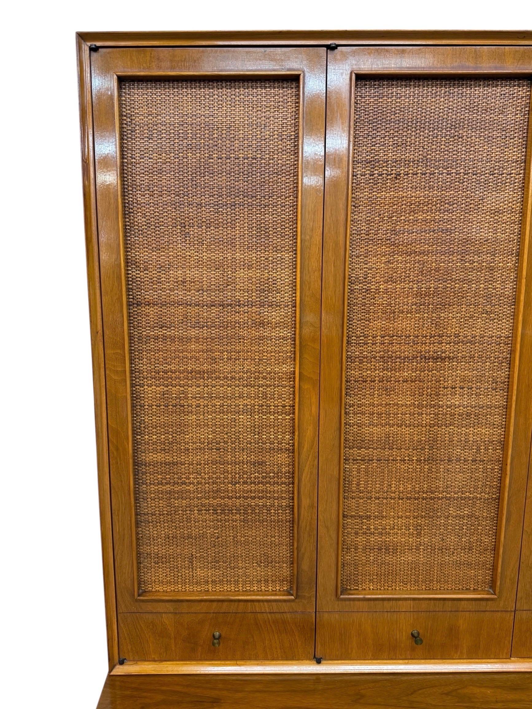 Mid-Century Modern Walnut & Cane 2-Piece Tambour Hutch - Image 8