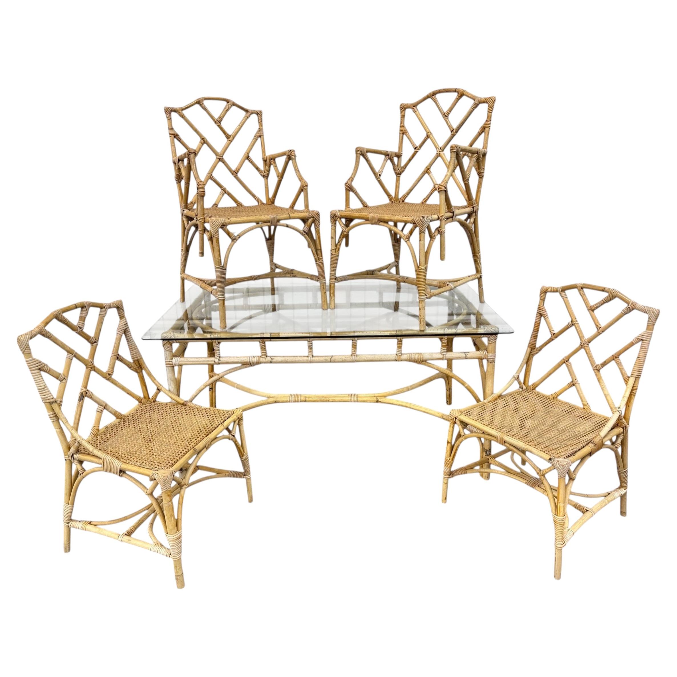 Vintage 5-Piece Bamboo Glass Dining Table & Chairs