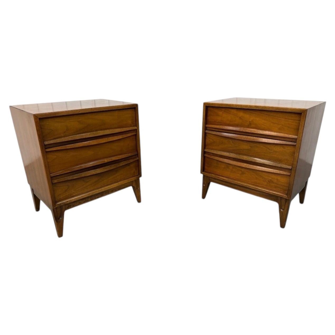 Mid-Century Modern 3-Drawer Walnut Nightstands - Set of 2