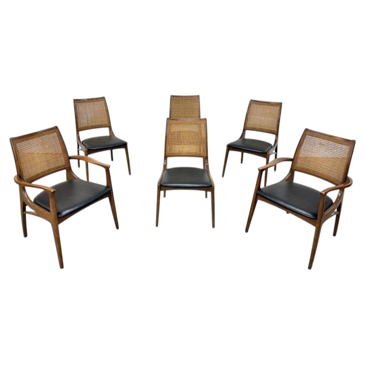 Mid-Century Modern Cane Back Walnut Dining Chairs - Set of 6