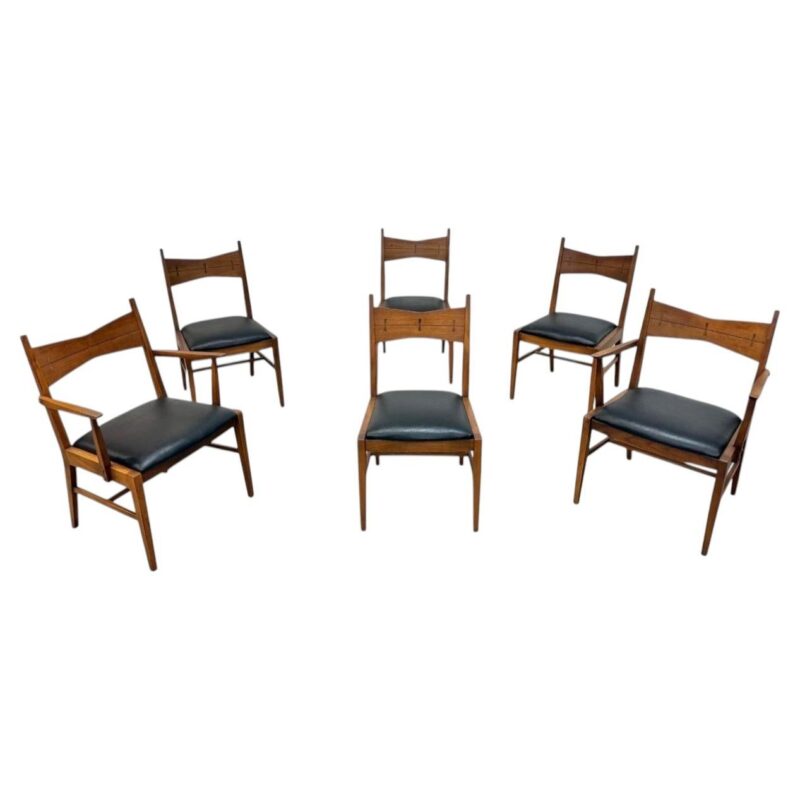 Mid-Century Modern Lane Tuxedo Walnut Dining Chairs – Set of 6