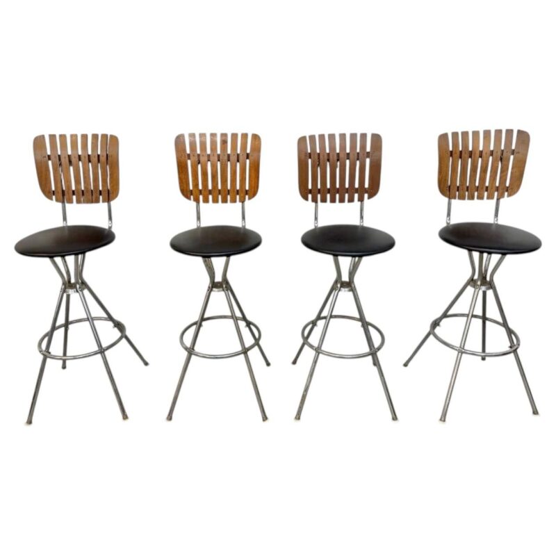 Mid-Century Modern Umanoff Style Slatted Swivel Bar Stools – Set of 4