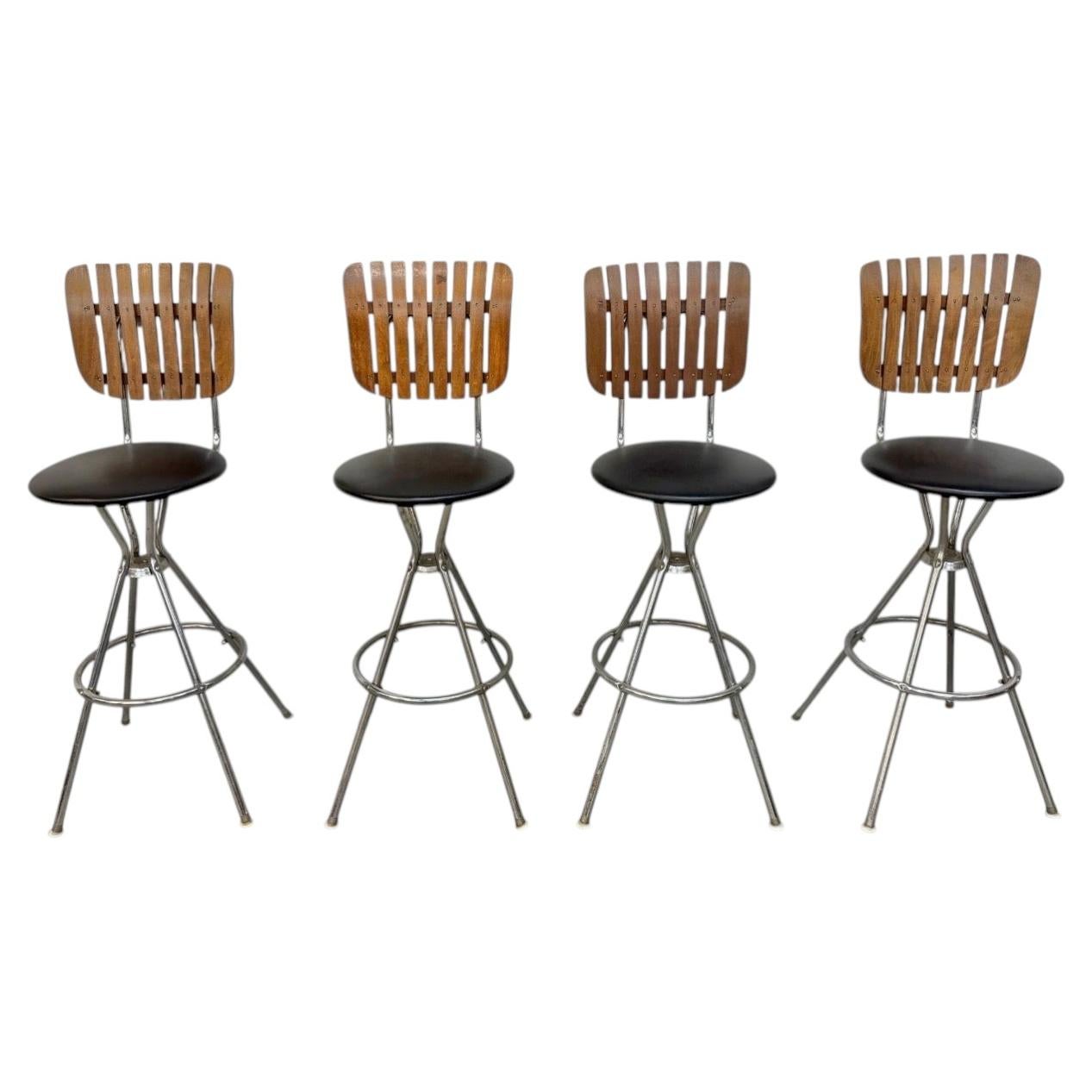 Mid-Century Modern Umanoff Style Slatted Swivel Bar Stools - Set of 4