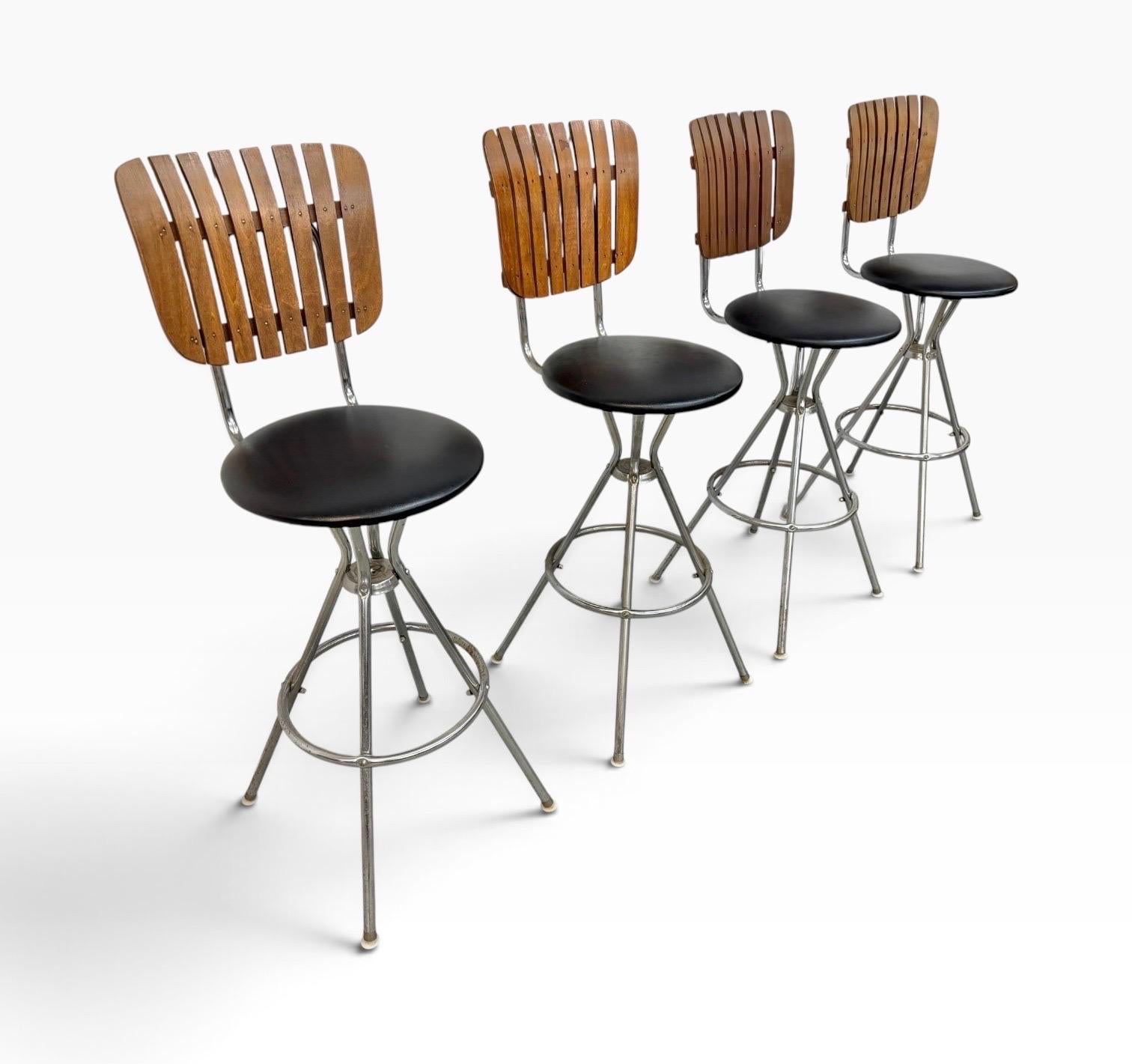 Mid-Century Modern Umanoff Style Slatted Swivel Bar Stools - Set of 4 - Image 2