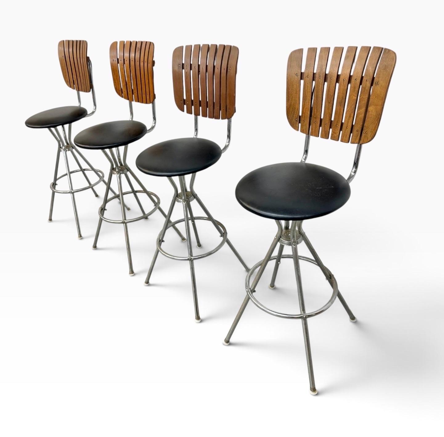 Mid-Century Modern Umanoff Style Slatted Swivel Bar Stools - Set of 4 - Image 3