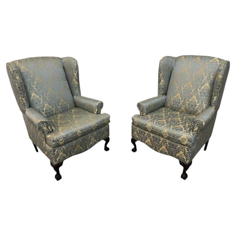 Antique Chippendale Mahogany Ball & Claw Upholstered Arm Chairs – Set of 2