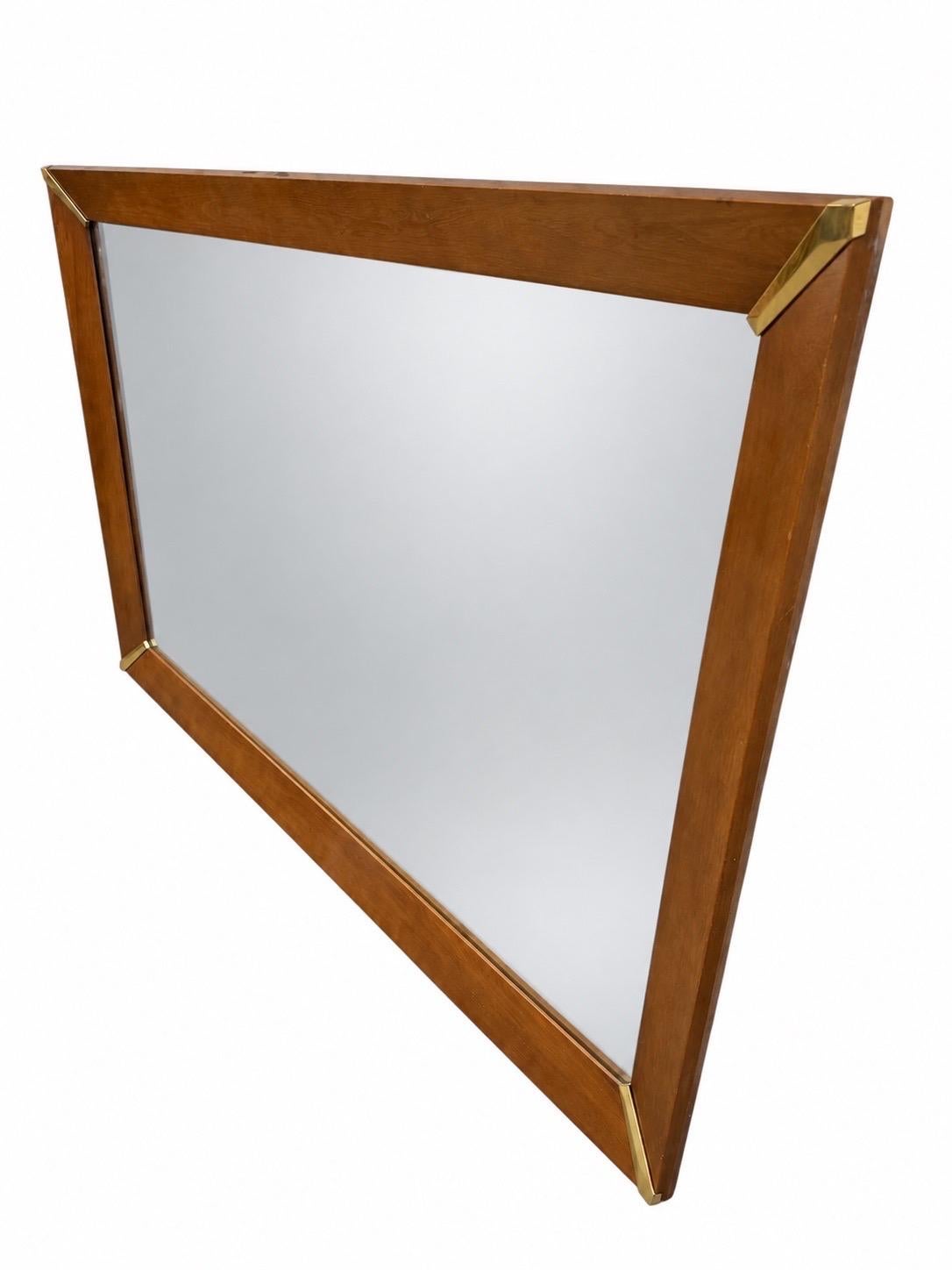 Mid-Century Modern Large Walnut & Brass Wall Mirror - Image 3