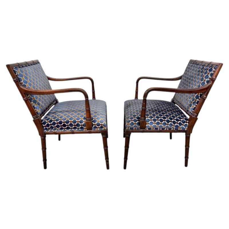 Vintage Faux Bamboo Armchairs with Geometric Upholstery – Set of 2