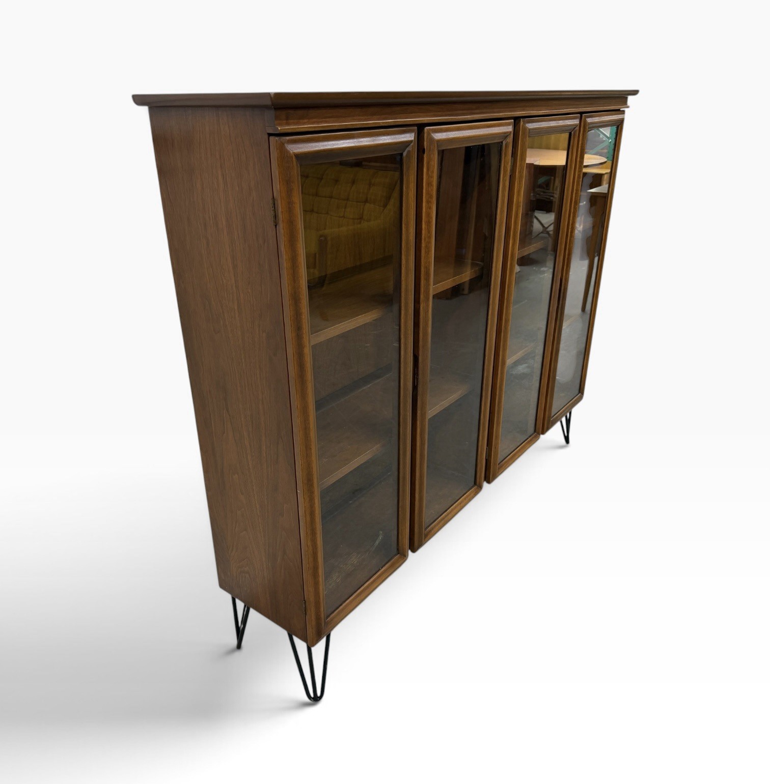 Mid-Century Modern 4-Door Walnut Display Cabinet Hairpin Legs - Image 2