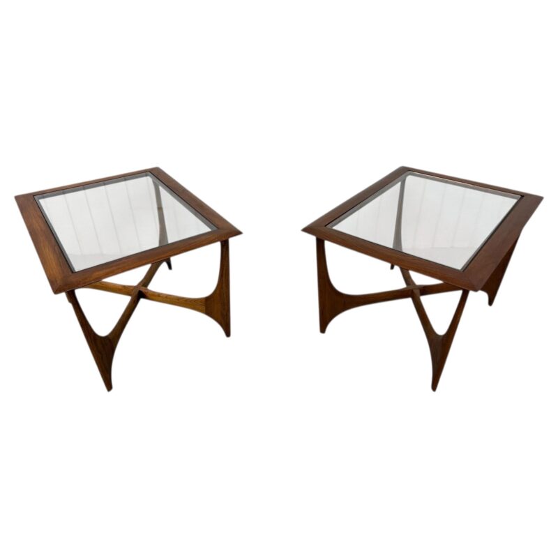 Mid-Century Modern Lane “Silhouette” Walnut Glass Top Side Tables – Set of 2
