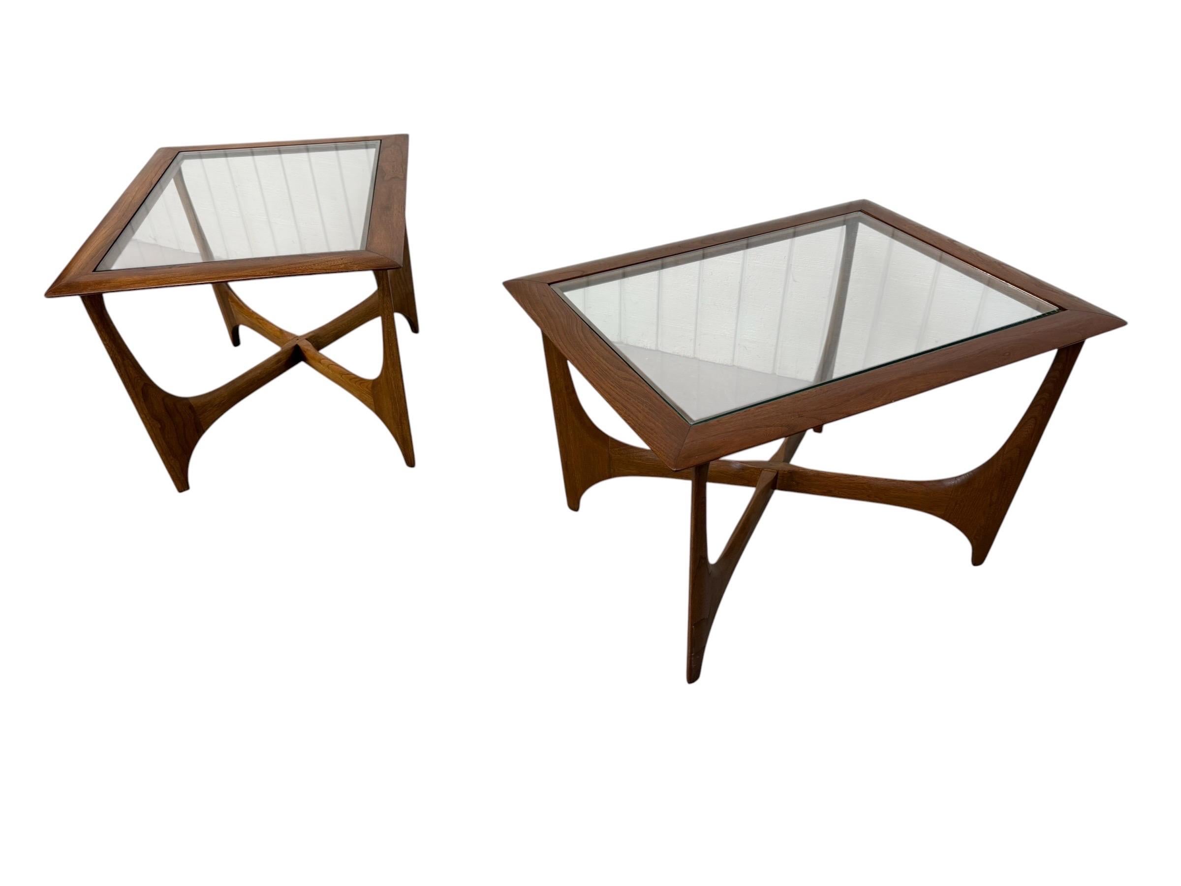 Mid-Century Modern Lane "Silhouette" Walnut Glass Top Side Tables - Set of 2 - Image 3