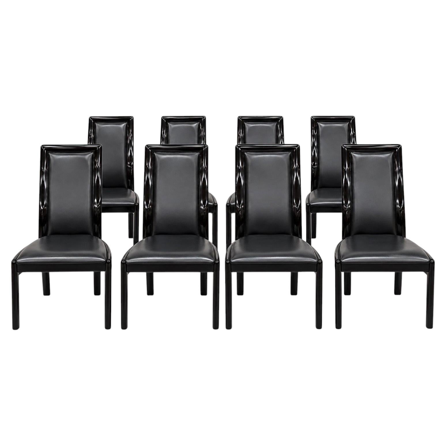 Post Modern Italian Black Lacquered Dining Chairs - Set of 8