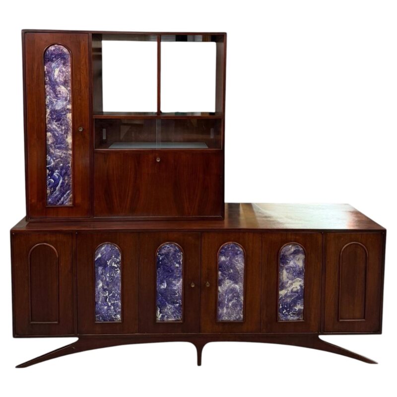 Mid-Century Modern 2-Piece Kagan Style Dark Walnut Sideboard w/Bar Cabinet