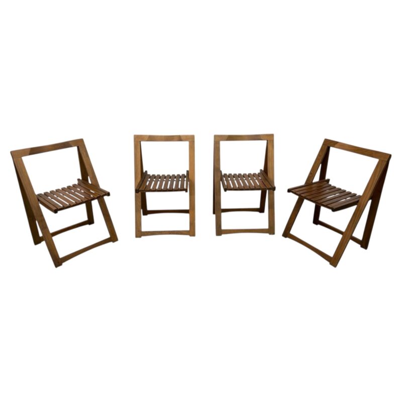 Mid-Century Modern Slatted Walnut Folding Dining Chairs – Set of 4