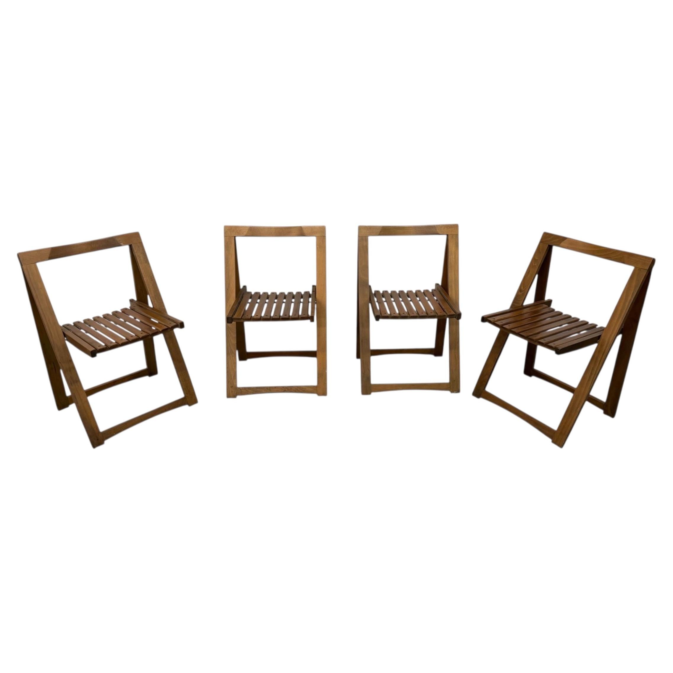 Mid-Century Modern Slatted Walnut Folding Dining Chairs - Set of 4