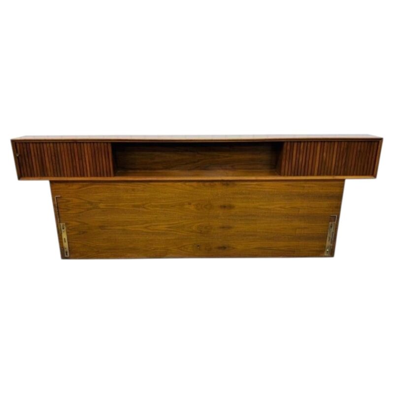Mid-Century Modern King Size Walnut Tambour Storage Headboard