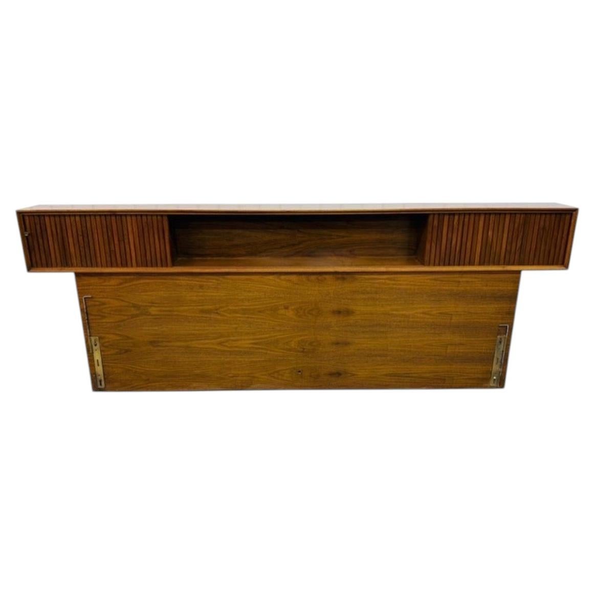 Mid-Century Modern King Size Walnut Tambour Storage Headboard